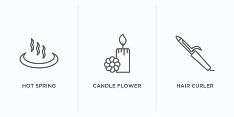 Canvas Print - beauty outline icons set. thin line icons such as hot spring, candle flower, hair curler vector. linear icon sheet can be used web and mobile