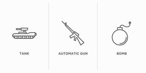 Poster - army and war outline icons set. thin line icons such as tank, automatic gun, bomb vector. linear icon sheet can be used web and mobile
