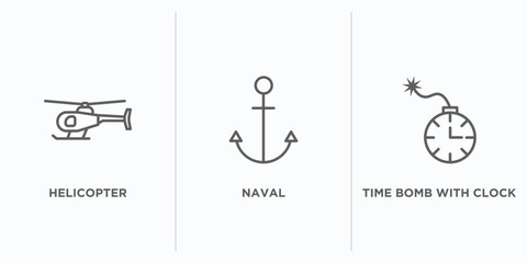 Poster - army and war outline icons set. thin line icons such as helicopter, naval, time bomb with clock vector. linear icon sheet can be used web and mobile