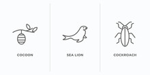 Animals Outline Icons Set. Thin Line Icons Such As Cocoon, Sea Lion, Cockroach Vector. Linear Icon Sheet Can Be Used Web And Mobile