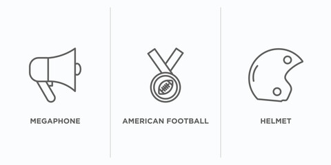 american football outline icons set. thin line icons such as megaphone, american football medal, helmet vector. linear icon sheet can be used web and mobile