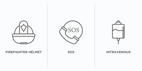 Poster - alert outline icons set. thin line icons such as firefighter helmet, sos, intravenous vector. linear