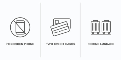 Poster - airport terminal outline icons set. thin line icons such as forbbiden phone, two credit cards, picking luggage vector. linear icon sheet can be used web and mobile