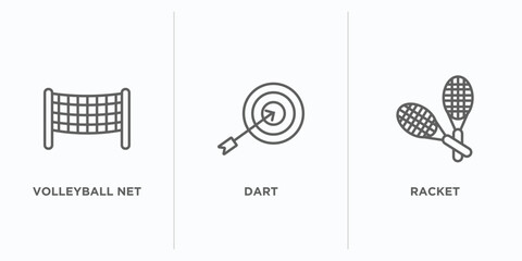 Poster - outdoor activities outline icons set. thin line icons such as volleyball net, dart, racket vector. linear icon sheet can be used web and mobile