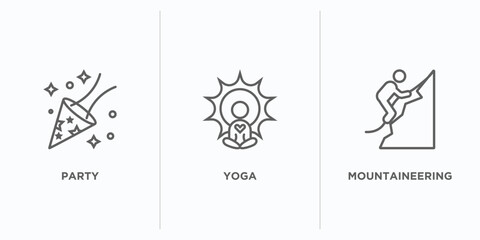 Poster - activity and hobbies outline icons set. thin line icons such as party, yoga, mountaineering vector. linear icon sheet can be used web and mobile