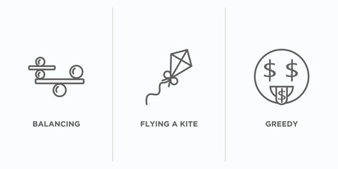 Poster - activity and hobbies outline icons set. thin line icons such as balancing, flying a kite, greedy vector. linear icon sheet can be used web and mobile