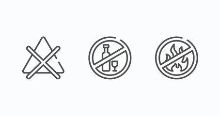 set of 3 thin line icons in signs concept. outline icons including no bleaching thin line, no alcohol thin line, no fire vector. can be used web and mobile.