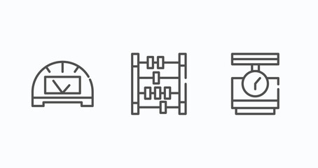 set of 3 thin line icons in measurement concept. outline icons including protactor thin line, old calculator thin line, groceries store scale vector. can be used web and mobile.