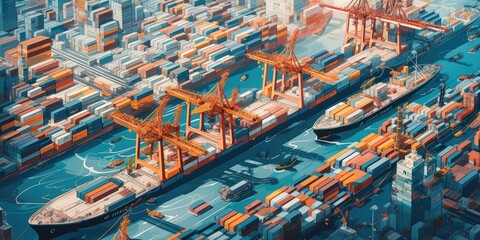 Aerial Transportation Background Featuring Ships, Cargo Containers, and Cranes in a Bustling Harbor, Capturing the Essence of International Commerce in a 2:1 Aspect Ratio. Generative ai illustration