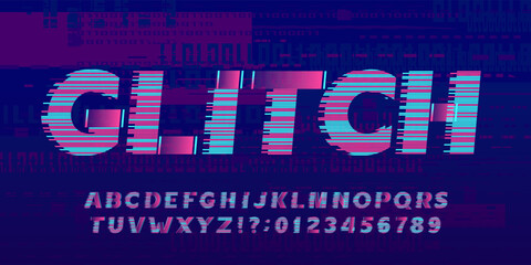 Poster - Glitch alphabet font. Digital distort letters and numbers on a glitched background. Vector typeface for your design.