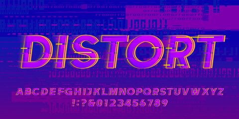 Poster - Distort alphabet font. Distorted letters and numbers on a glitched background. Vector typeface for your design.