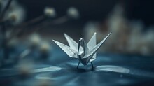  A White Origami Bird Sitting On Top Of A Blue Table Cloth Next To A Vase With Flowers In It And A Blurry Background.  Generative Ai