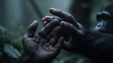  A Close Up Of A Person's Hands With A Monkey In The Background Holding Something In The Air With Their Hands And A Gorilla In The Foreground.  Generative Ai