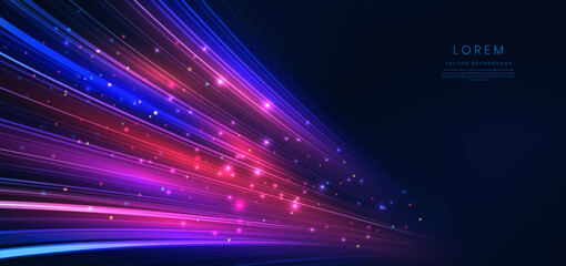Abstract technology futuristic glowing blue and red light curved lines with high-speed effect on dark blue background.