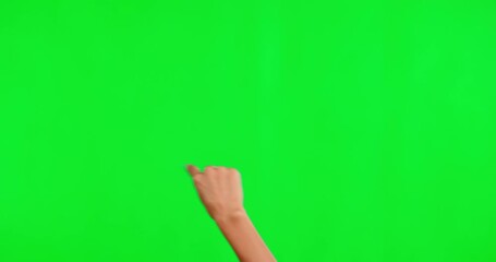 Poster - Hand, green screen and touchscreen technology with a woman in studio on a chromakey background. Mockup, zoom and scrolling with a person using an interface to access the internet for connectivity