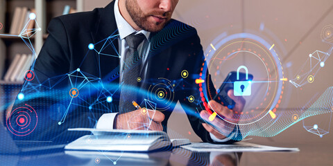 Poster - Businessman with phone, cybersecurity and padlock. Business data protection