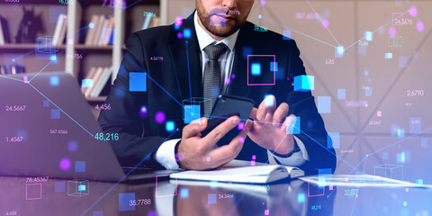 Poster - Man with phone and laptop in office, blockchain interface
