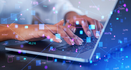 Poster - african businesswoman fingers typing on laptop, database in metaverse