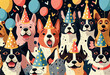 Collage of dogs wearing party hat, Generative Ai