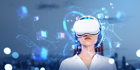 Poster - businesswoman working in vr glasses, blockchain and virtual reality