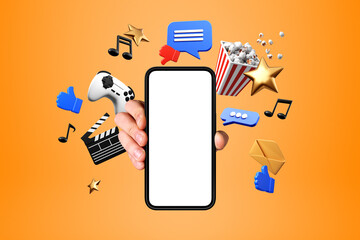 Man hand with blank screen, online entertainment icons