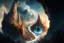 Painting Of A Large Eyeball In Cave With Blue Eye. Generative Ai.