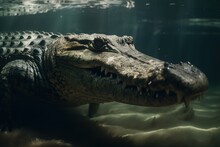 A Fierce And Intimidating Saltwater Crocodile Lurking In The Water, Showing Off Its Fierce And Intimidating Nature. Generative AI