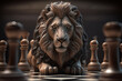 The Royal Lion King and chess pieces on a chess board, winner of bussiness and successfully, management or leadership strategy and teamwork concept. Generative Ai