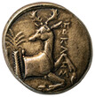 antike griechische Silbermünze aus Ephesus: Vorderteil eines Hirsches im Profil