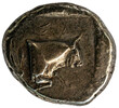antike griechische Münze aus Samos, Vorderteil eines Stiers im Profil
