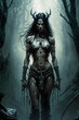 © alexkoral - scary sexy woman witch devil with horns in forest. Generative AI illustration