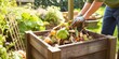 person composting food waste in backyard compost bin gardener, concept of Sustainability, created with Generative AI technology