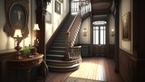 Fototapeta  - Victorian interior style hallway with wooden furnitures, and staircase with handrail. Generative AI