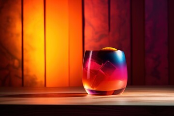 Wall Mural -  a colorful glass sitting on top of a wooden table next to a wooden paneled wall and a red and orange wall behind it with a wooden floor.  generative ai