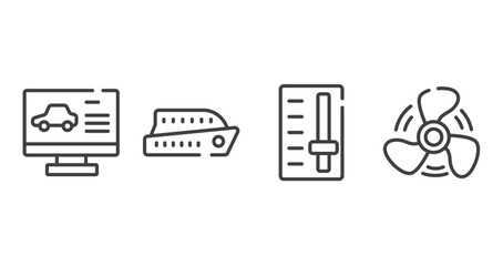 Poster - transportation outline icons set. thin line icons sheet included computer test, ferry boat, gearbox, ship propeller vector.