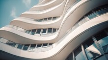  A Tall Building With A Spiral Design On The Side Of It's Face And A Blue Sky In The Background With Clouds In The Background.  Generative Ai