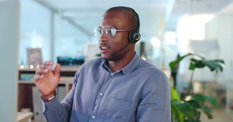 Aufkleber - Call center, talking and black man, agent or consultant with virtual communication, tech support or ecommerce web service. Business person speaking in office on desktop computer in telecom consulting