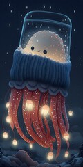 fashion cute jellyfish putting fashion mittens on all of its tentacles in the cold ocean 