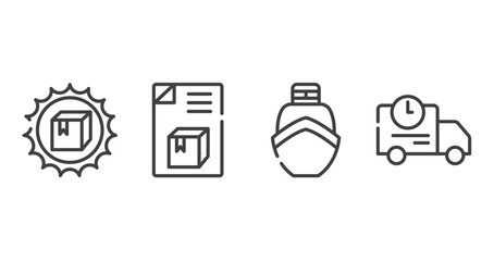 Poster - delivery outline icons set. thin line icons sheet included certified packaging, dispatch note, boat from front view, shipping truck vector.
