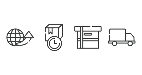 Poster - logistics delivery outline icons set. thin line icons sheet included international delivery, receiving time, small cardboard box, free delivery truck vector.