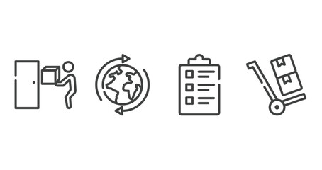Poster - shipping and handly outline icons set. thin line icons sheet included doorstep, worldwide shipping, packing list, use hand truck vector.