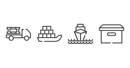Poster - boxes outline icons set. thin line icons sheet included materials logistics, sea ship with containers, ocean transportation, cardboard box with lid vector.