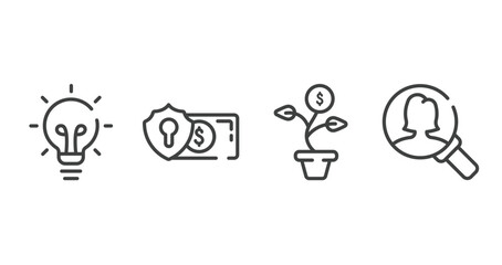Poster - business pack outline icons set. thin line icons sheet included big light bulb, currency security, money flower, person search vector.