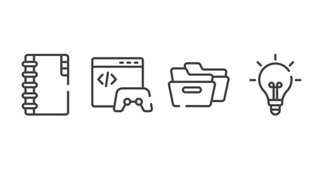 Poster - business pack outline icons set. thin line icons sheet included big portfolio, game developing, two black folders, lightbulb black tool shape vector.