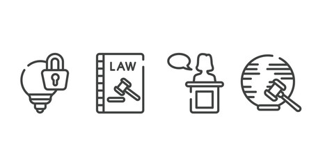 Poster - law and justice outline icons set. thin line icons sheet included intellectual property, constitutional law, witness, international law vector.