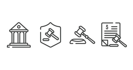 Poster - law and justice outline icons set. thin line icons sheet included court, defense, gavel, tax law vector.