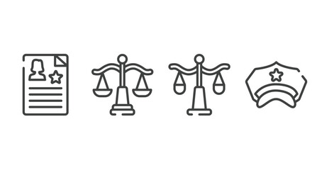 Poster - law and justice outline icons set. thin line icons sheet included criminal record, law balance, justice scale, police hat vector.