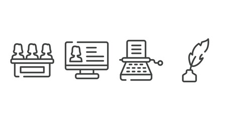 Poster - law and justice outline icons set. thin line icons sheet included jury, criminal database, stenographer, feather pen vector.