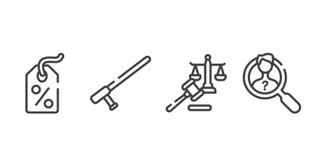 Poster - law and justice outline icons set. thin line icons sheet included bargain, baton, law and justice, investigation vector.