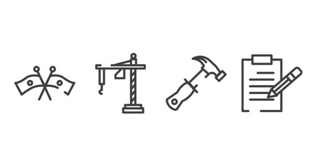 Poster - hand drawn construction outline icons set. thin line icons sheet included flags crossed, construction crane hine, hammer tool, pencil on paper sheet vector.